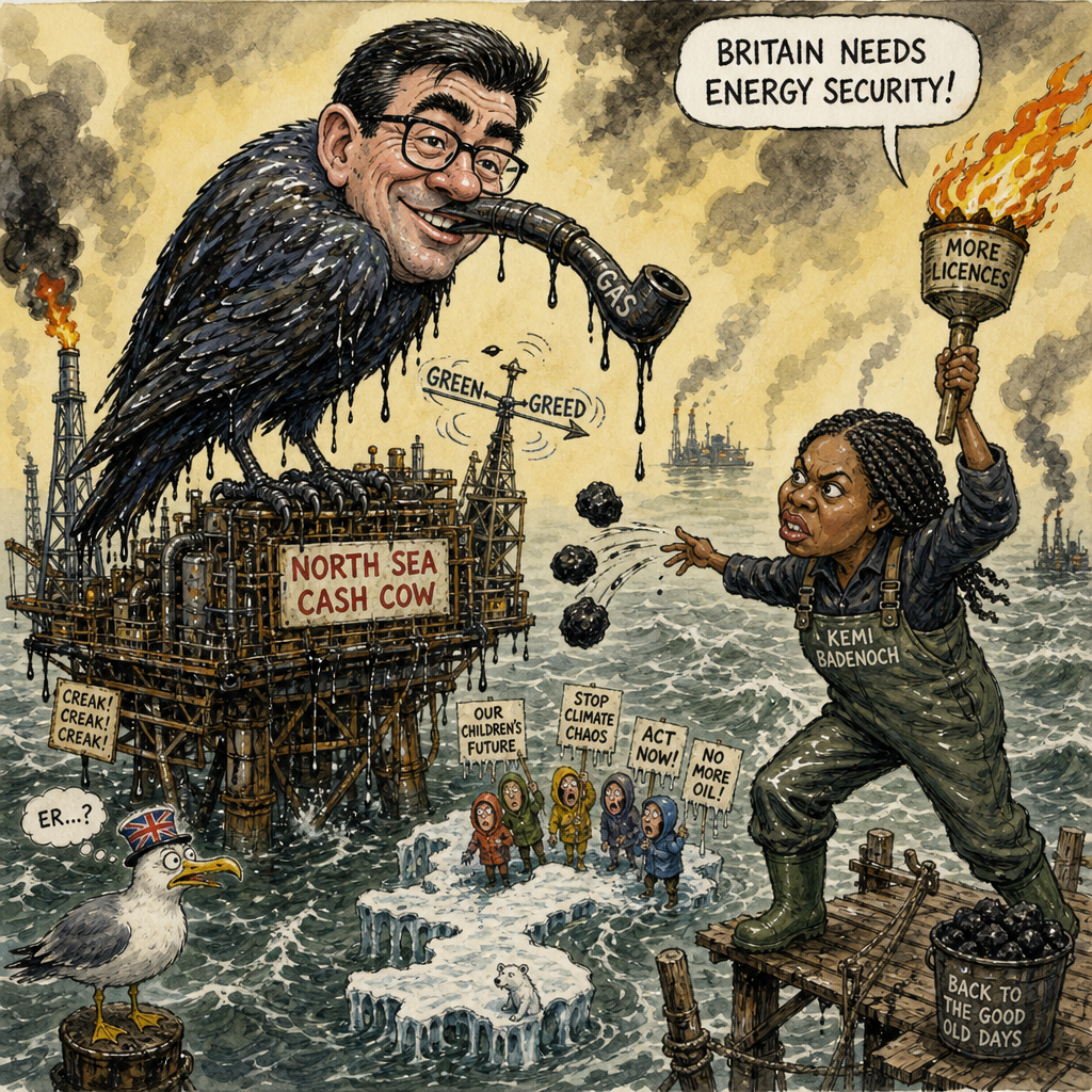 Political cartoon: One man's environmental catastrophe is another woman's campaign slogan.