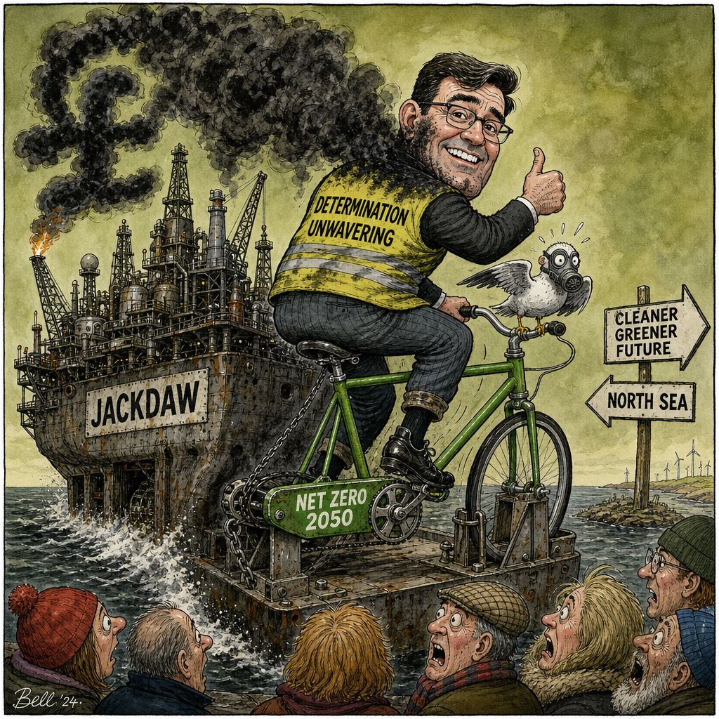 Political cartoon: "Don't worry — I'm cycling the whole way."