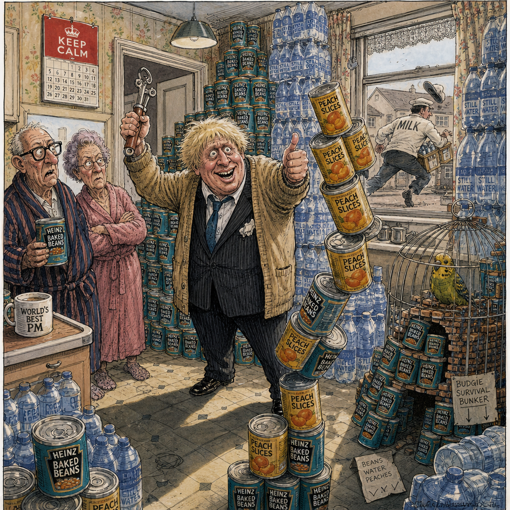 Political cartoon: Don't panic — he's got everything under control, apart from the shelving.