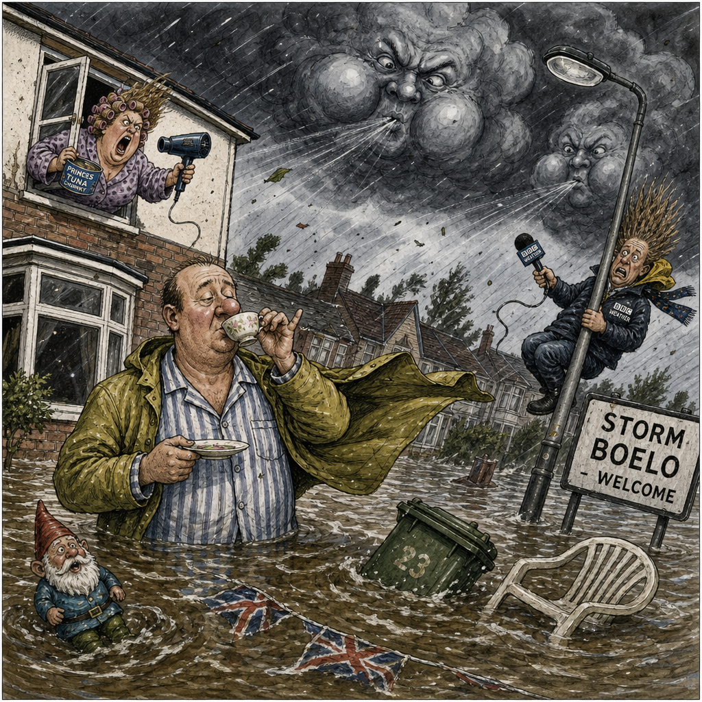 Political cartoon: Bit blowy. Still, the garden needed watering.