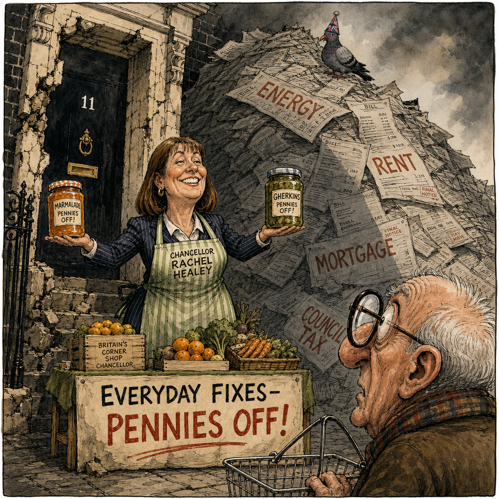 Political cartoon: Tighten your belts, Britain — and spread the good news thinly.