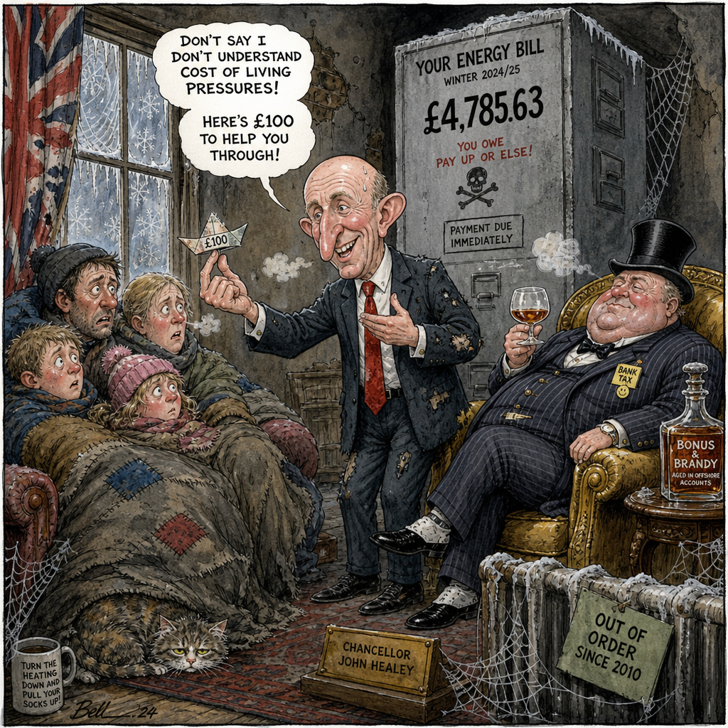 Political cartoon: "Don't spend it all on the gas meter at once."