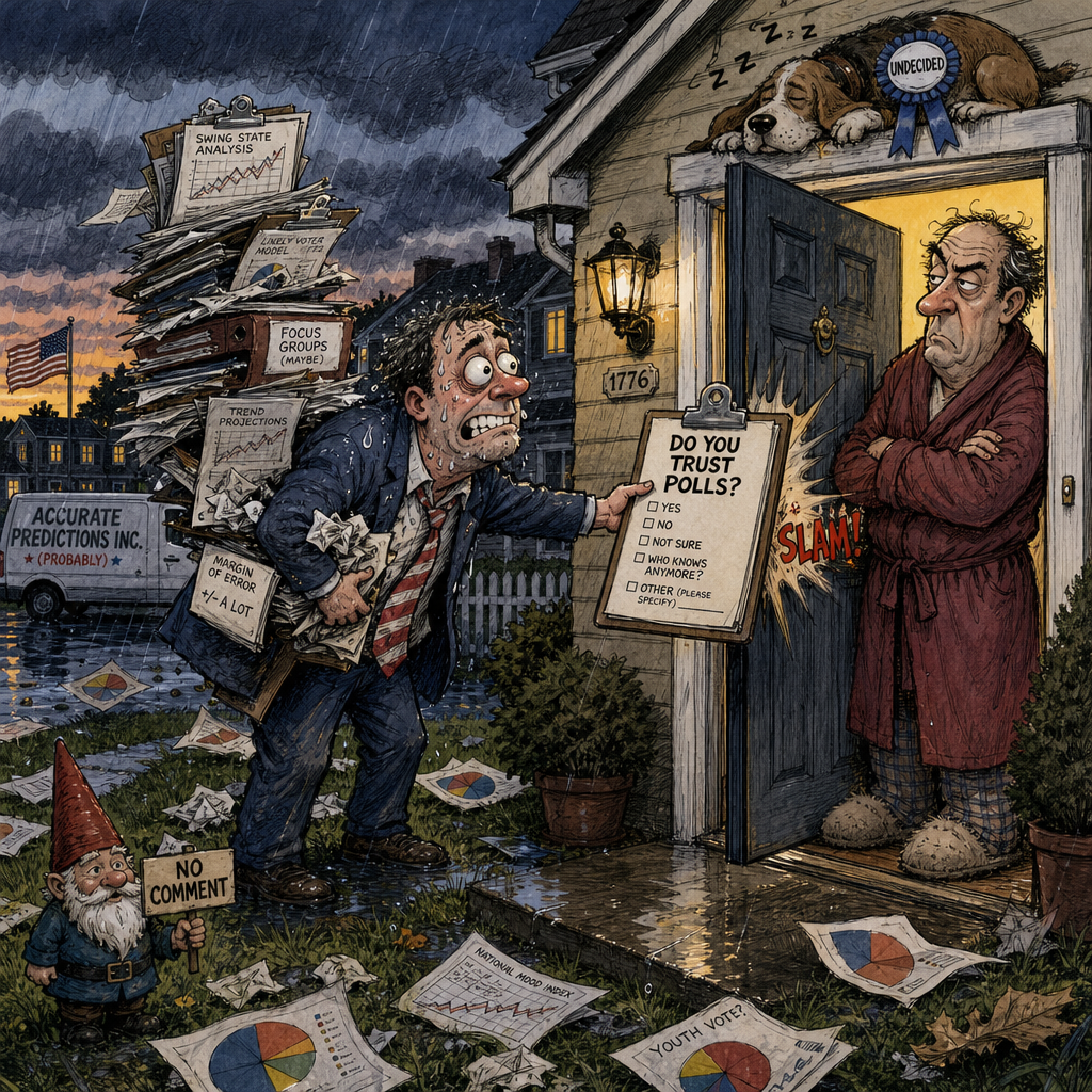 Political cartoon: "According to our data, ninety per cent of people would answer this question — give or take ninety per cent."